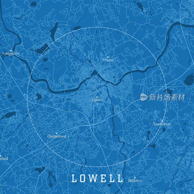 Lowell MA城市矢量路线图蓝色文本